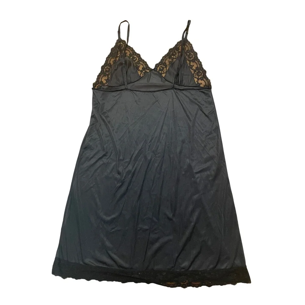 Vintage Full Slip Dress Black Lace Trim Nylon Adjustable Straps Size L USA Made - Picture 2 of 5